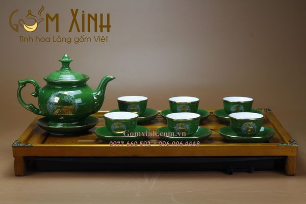 Bộ ấm chén Bát Tràng Chim Công Phú Quý men ngọc lục bảo