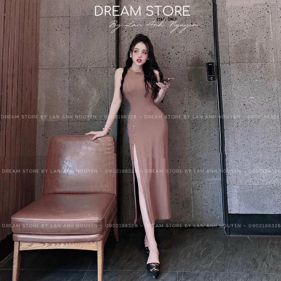 Đầm ôm body dáng dài xẻ tà, phối nút cách điệu chất thu gân dễ thương mondx124