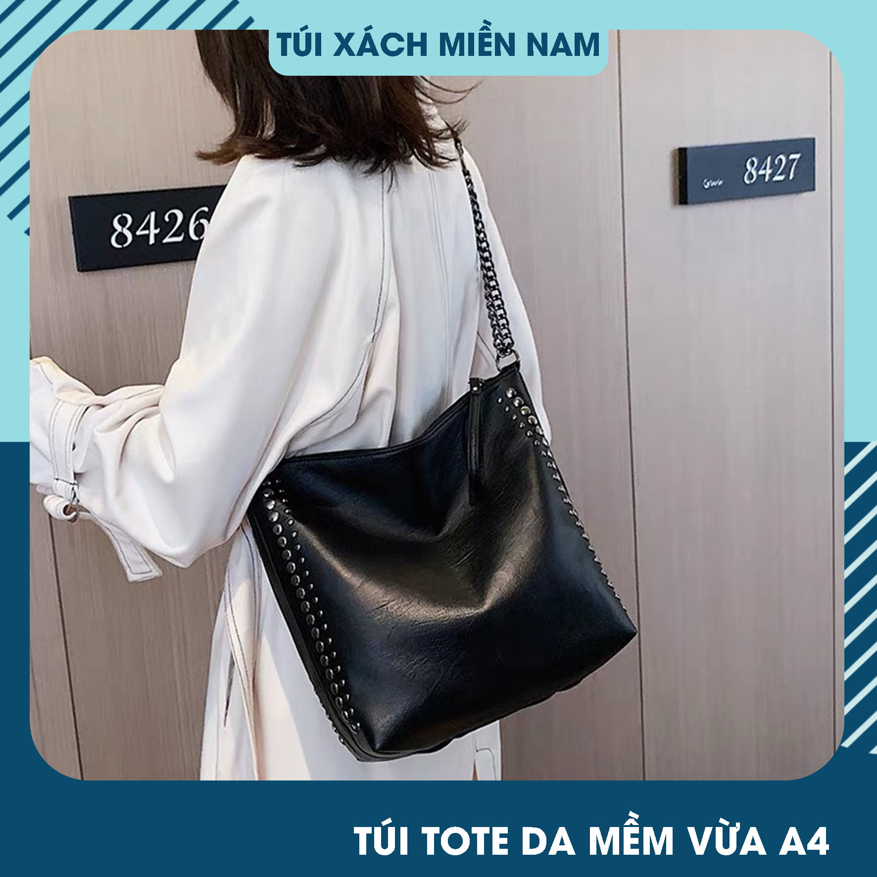 Túi tote đeo chéo nữ công sở da pu viền đinh size to đẹp vừa A4 đi học giá rẻ size to HT16
