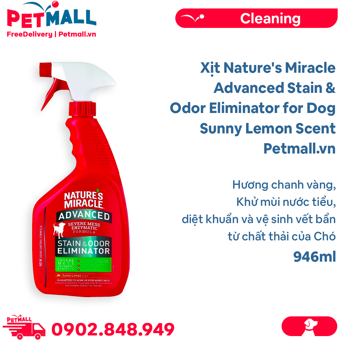 Xịt Nature's Miracle Advanced Stain & Odor Eliminator for Dog Sunny Lemon Scent 946ml - Hương chanh vàng, khử mùi nước tiểu, diệt khuẩn và vệ sinh vết bẩn từ chất thải của Chó Petmall