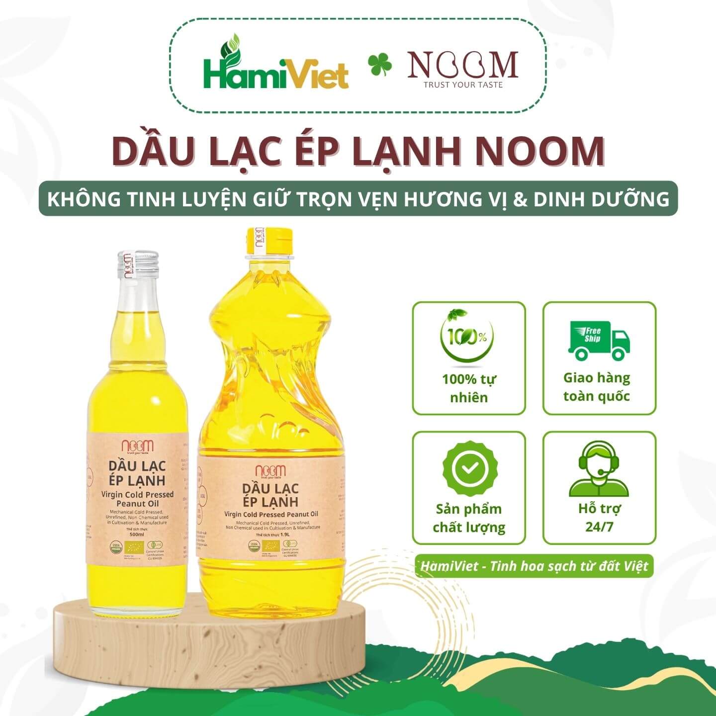 Dầu lạc ép lạnh Noom với 100% từ lạc tự nhiên hữu cơ, không tinh luyện