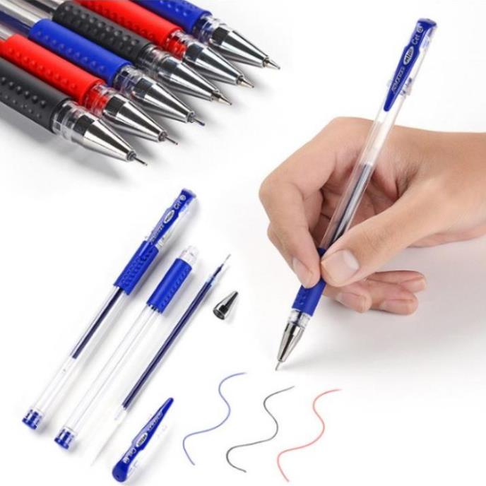 Set 10 bút bi nước 0.5mm, mực đều, đẹp, đủ màu xanh đen đỏ