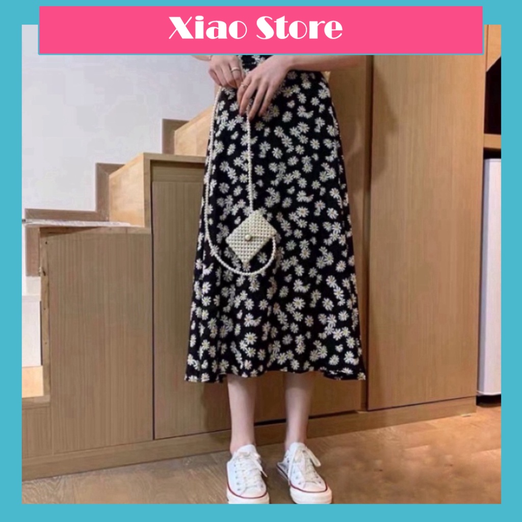 Chân váy dài midi hoa nhí siêu hot chất đẹp mầu trắng đen deal tốt xiao shop