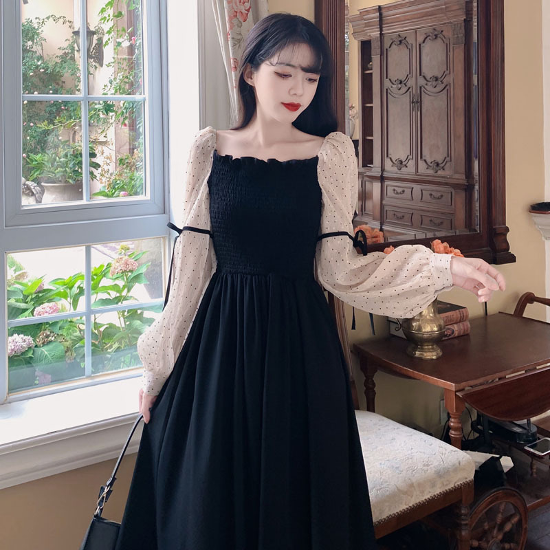 Đầm tay bồng ngực chun dáng dài đen phối trắng