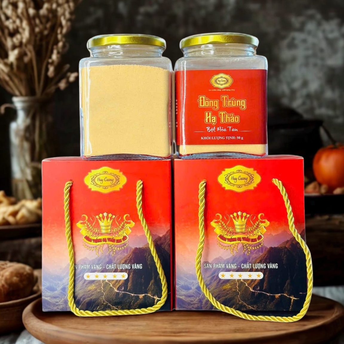 Bột nấm đông trùng hạ thảo sấy khô thăng hoa hòa tan (50g) thượng hạng chính hãng Huy Cương ngâm mật ong, pha trà