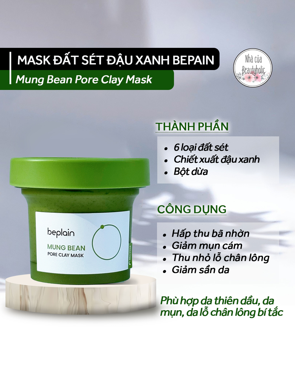 Mặt nạ đất sét đậu xanh beplain mung bean pore clay mask