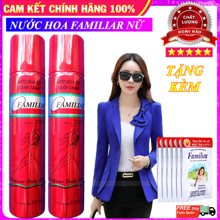 Nước Hoa Toàn Thân Nữ- Giữ Hương thơm Lâu Familiar 100ml - Mua 2 hoặc 3 chai [TẶNG NGAY] 1 Dây Sữa Tắm Tinh Chất Sữa Dê Familiar 12 gói