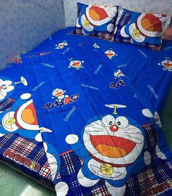 (FreeShip MAX) Set 3 Món Ga Gối Cotton Poly Mẫu Doremon Xanh
