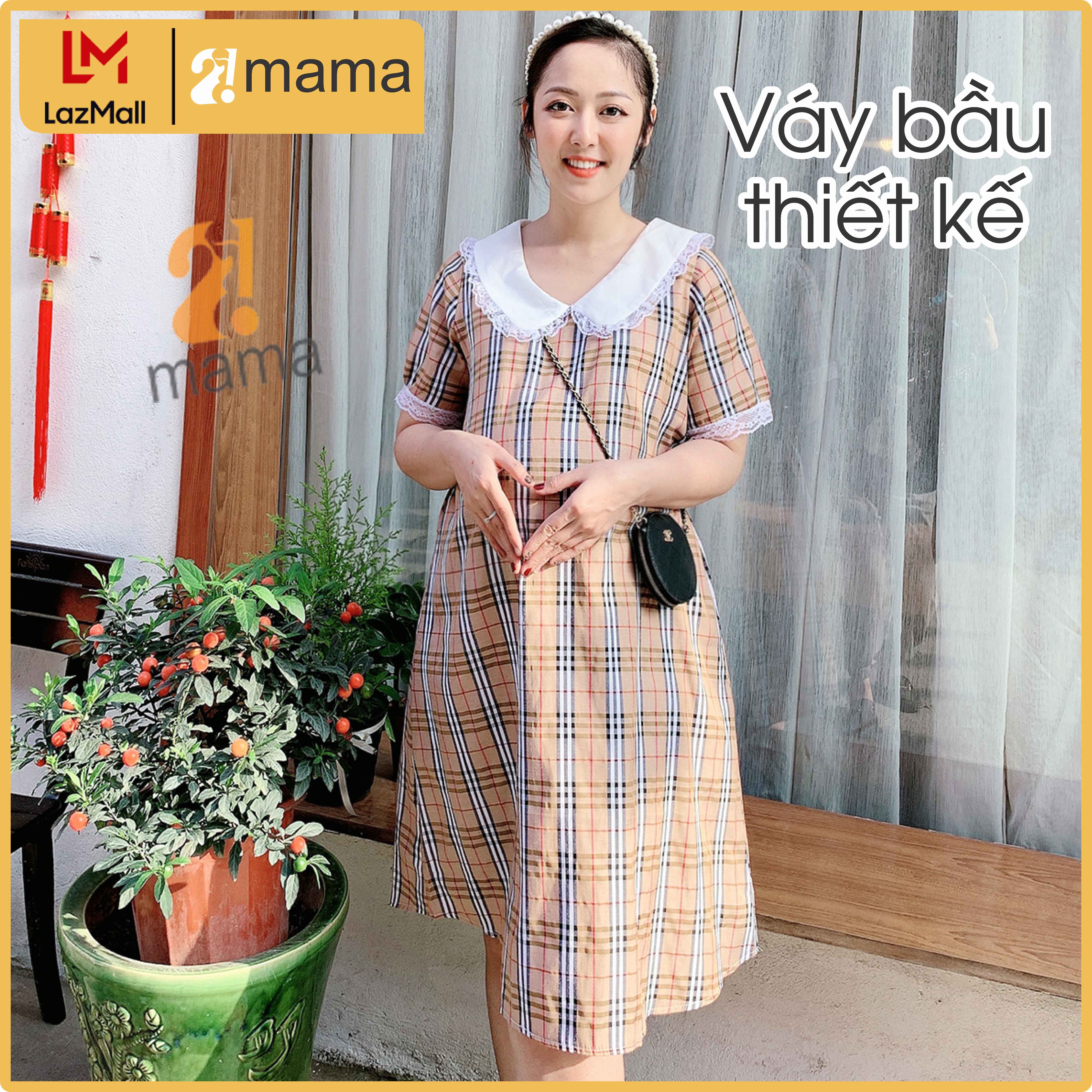 Đầm bầu dự tiệc 2MAMA thiết kế dáng suông chất liệu đủi trơn caro cổ pha ren V54