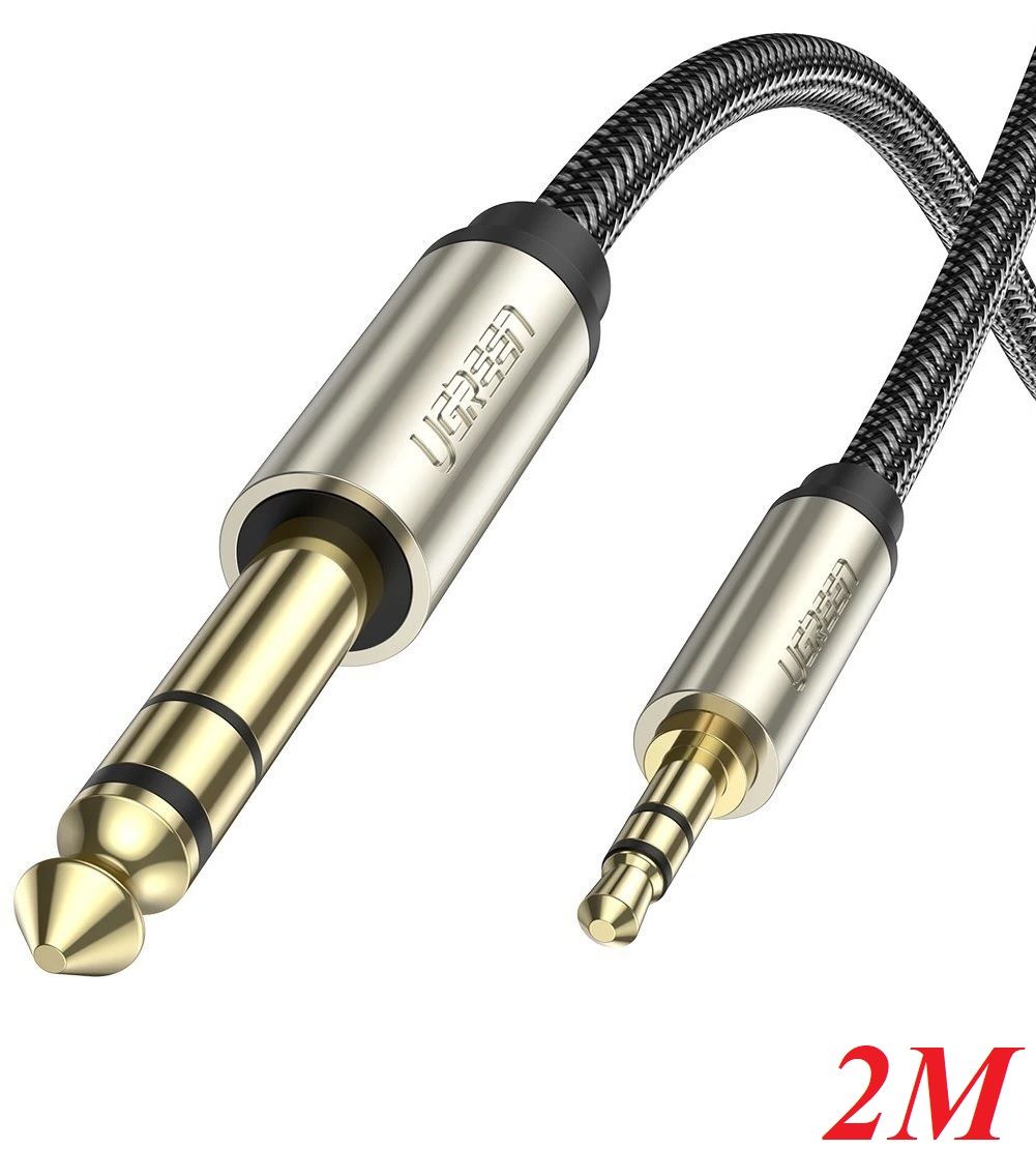 Ugreen 10628 2m màu xám đen cáp 3.5mm trs ra 6.35mm ts stereo pro audio mạ vàng 24k av127 10628