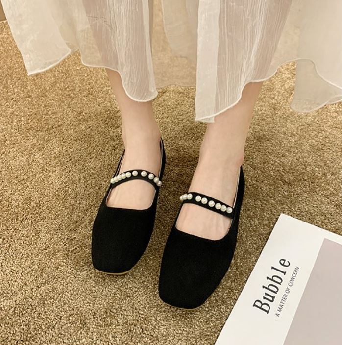 Giày bệt búp bê vải da lộn quai ngang đính ngọc chất mềm đi êm chân, phong cách vintage Hàn Quốc xinh xắn cho nữ - Mã G41