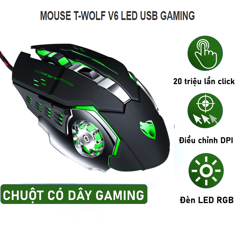 Chuột gaming có dây t wolf v6, mouse gaming có led 7 màu, dây xịn chống xoắn, rối, chuột máy tính, laptop, pc chuyên dùng chơi game, làm việc,
