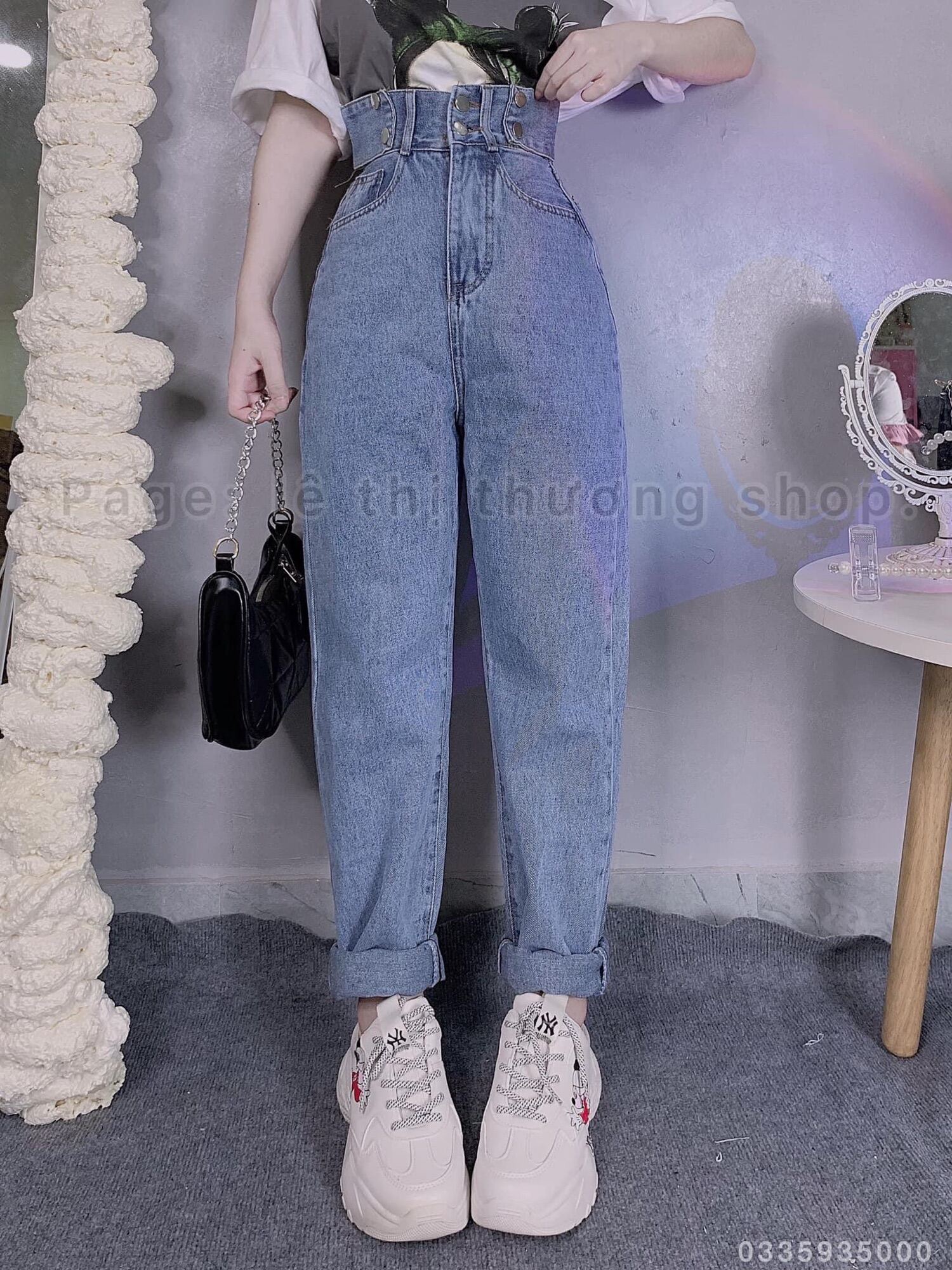 Baggy jeans lưng cao 2 nút đai nút