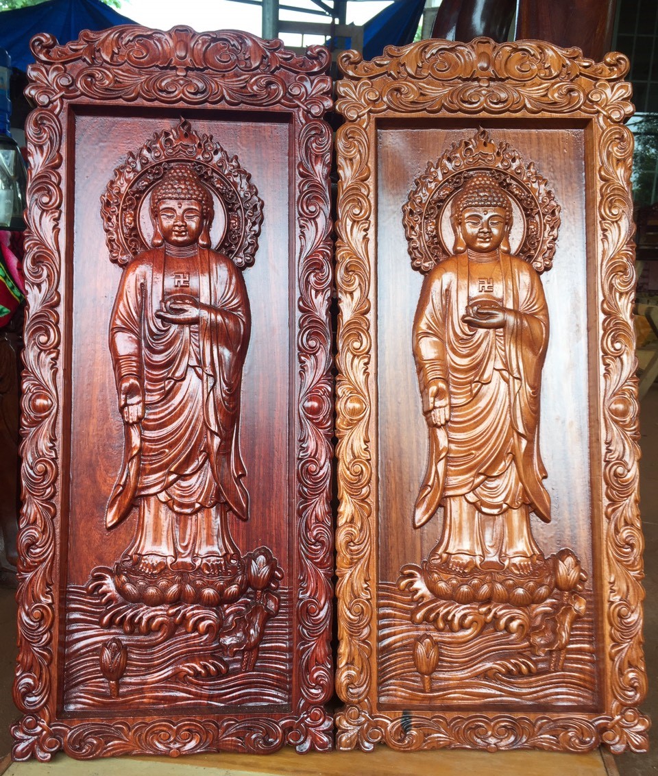 Tranh phật a di đà gỗ hương đỏ, gõ đỏ 30x69cm