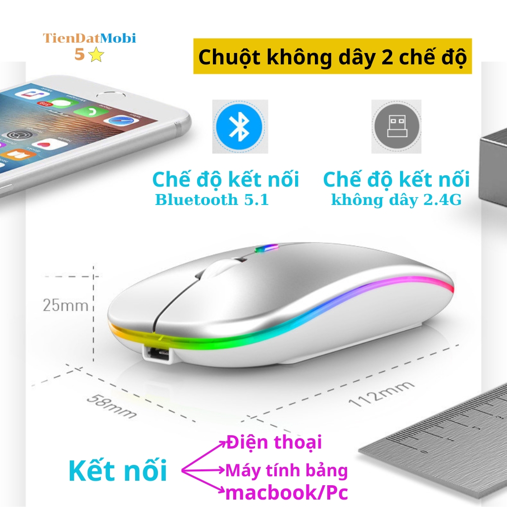 Chuột máy tính Bluetooth không dây kết nối 2 chế độ . Bluetooth và USB 2.4G, dùng cho Điện Thoại, máy tính bảng, laptop/Pc - Macbook