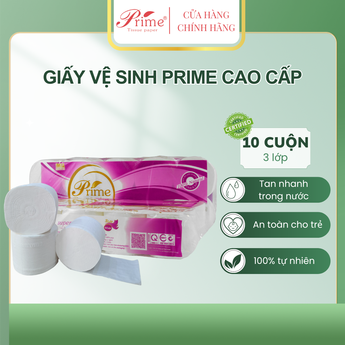 DÂY GIẤY VỆ SINH 3 LỚP PRIME 10 CUỘN KHÔNG LÕI MÀNG TÍM 100% BỘT GIẤY NGUYÊN CHẤT || TOILET PAPER