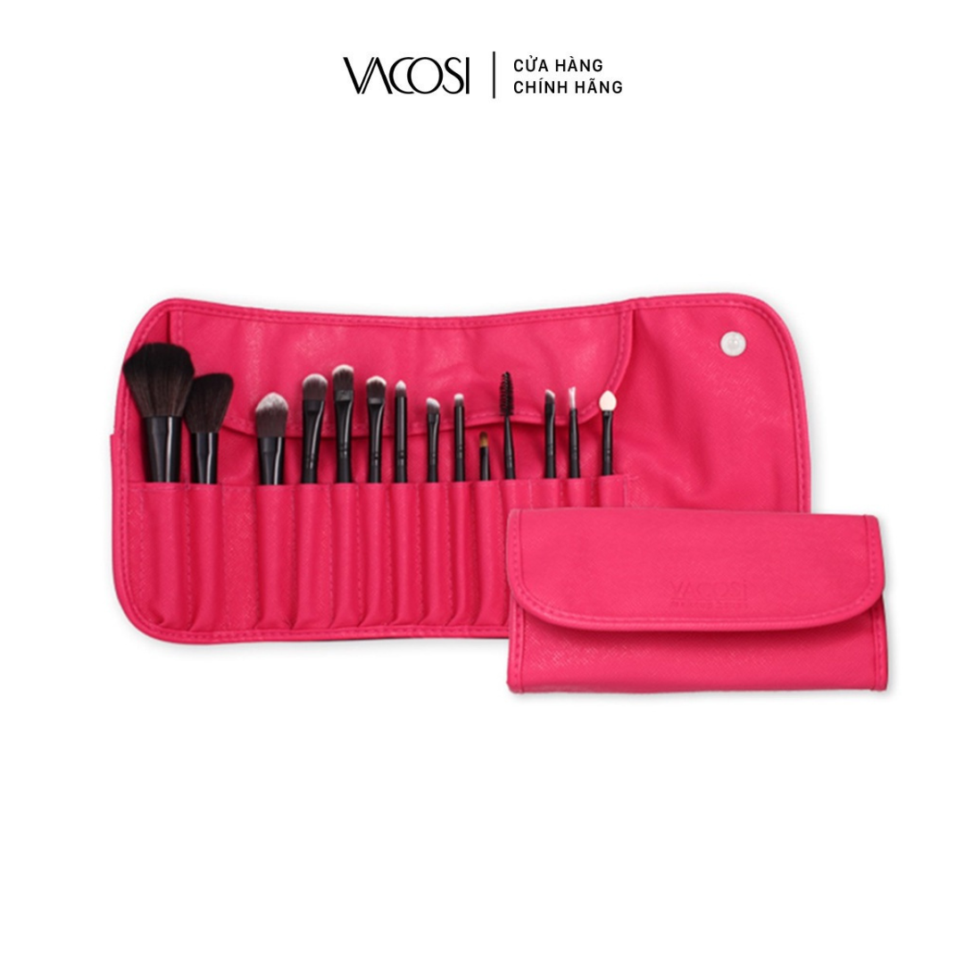 Bộ cọ cá nhân 14 cây & bóp da hồng vacosi bc09