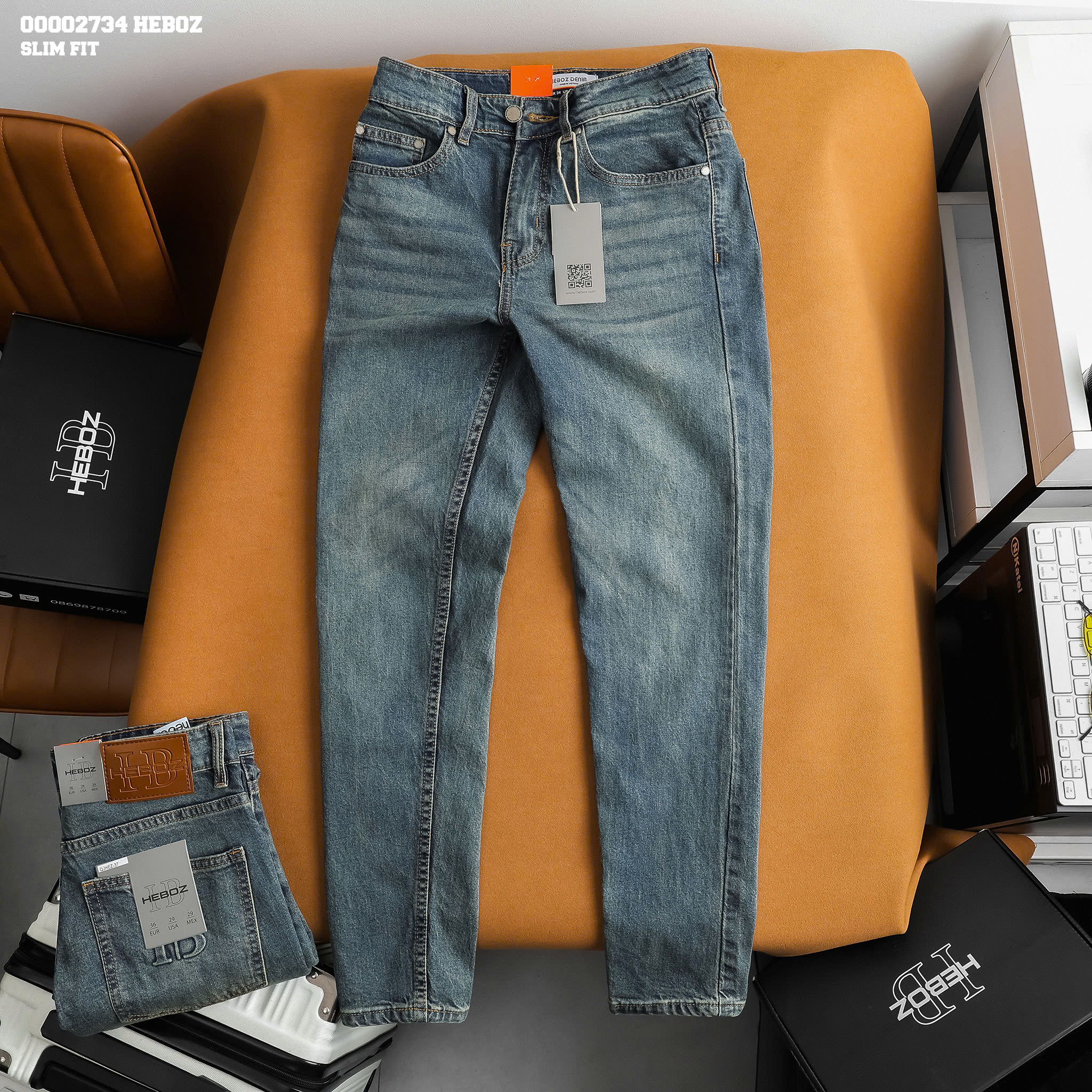  Quần jean nam Heboz dáng slim D037 quần dài nam denim màu xanh wash - 00002734 