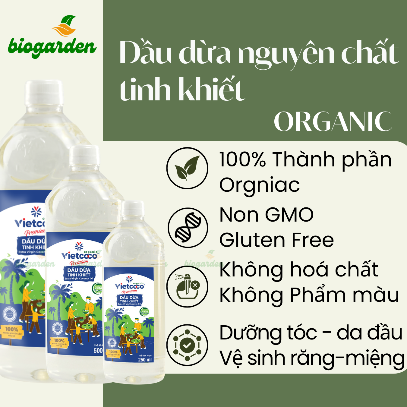 Dầu dừa Organic nguyên chất tinh khiết - Nuôi dưỡng tóc - Dưỡng mi - Làm trắng răng - Vietcoco - BioGarden