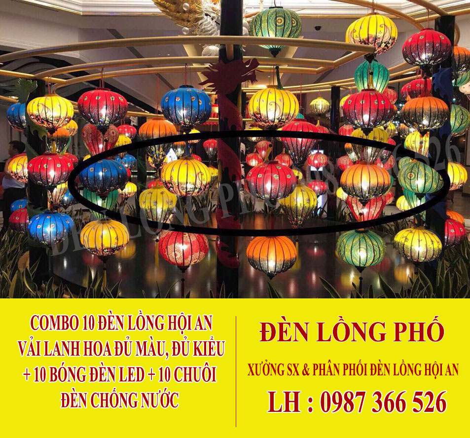 COMBO 10 đèn lồng Hội An vải lanh hoa size 30 cm  + 10 bóng đèn led + 10 chuôi đèn chống nước