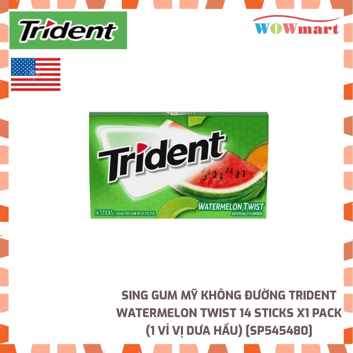 Sing gum Mỹ không đường Trident Watermelon Twist 14 Sticks x1 Pack 1 vỉ Vị