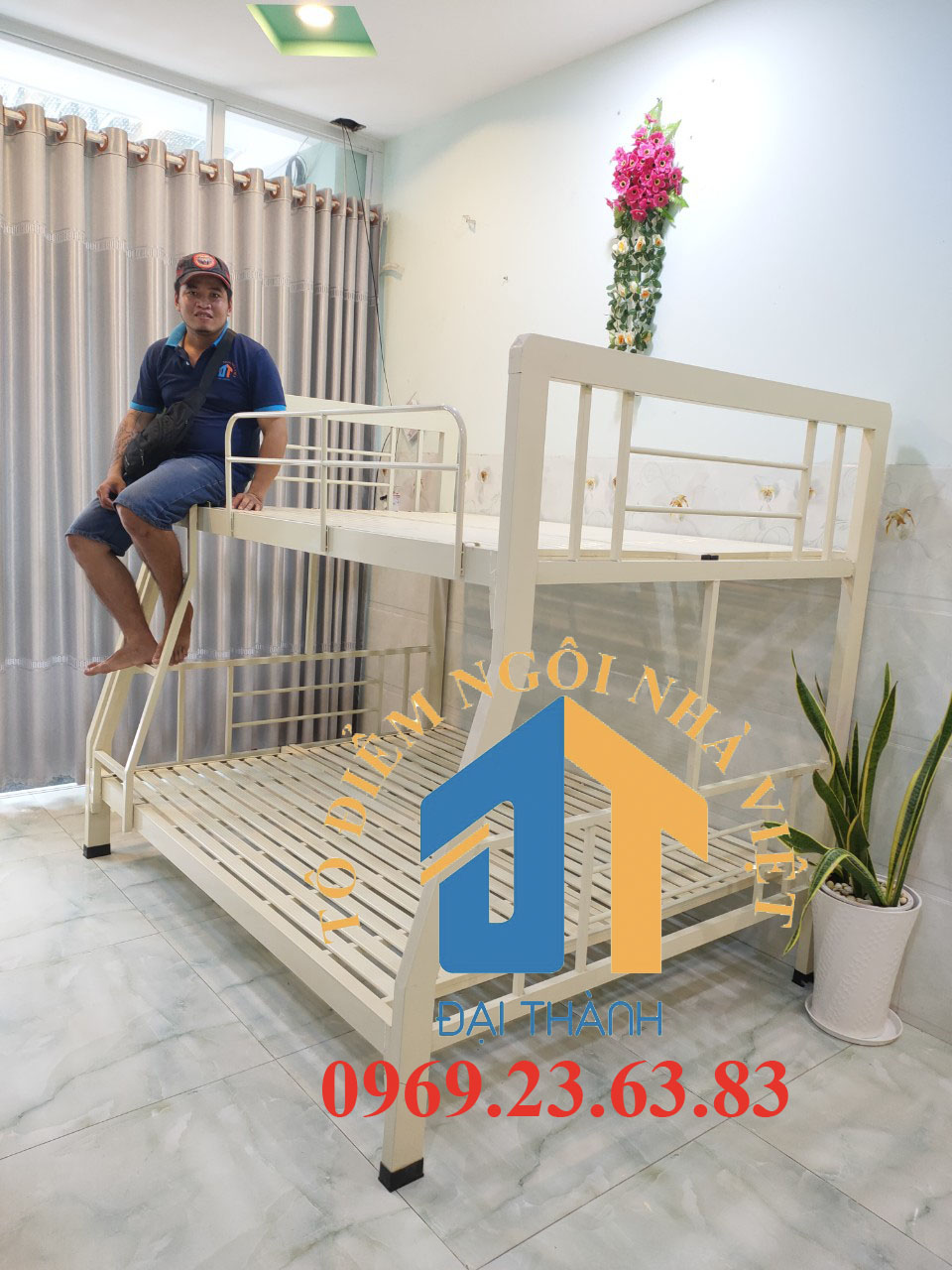 Giường  sắt Tầng Trên 1m2 Dưới 1m4 Dài 2m Màu Gỗ sắt 4x8  cao cấp free vận chuyển TP.HCM