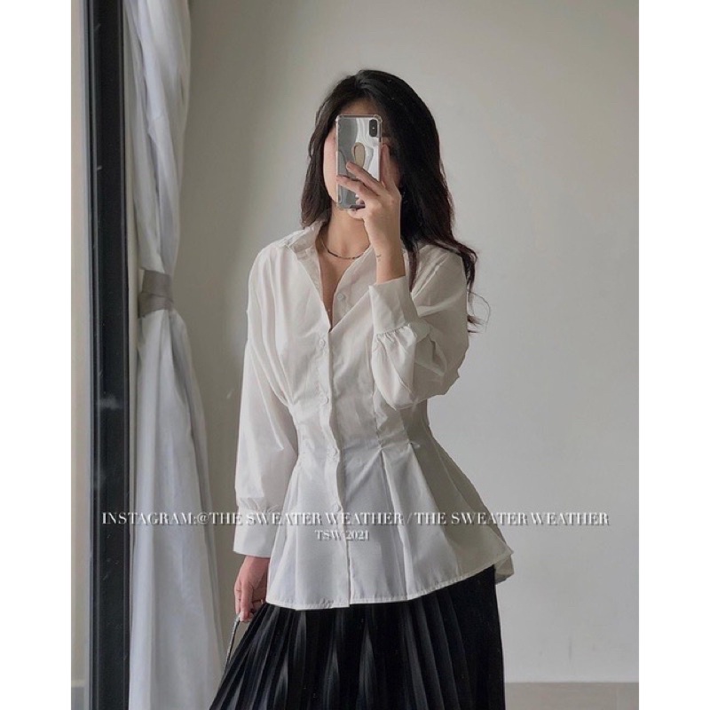 Áo sơ mi nữ trắng chiết xếp ly thắt eo tôn dáng, thanh lịch