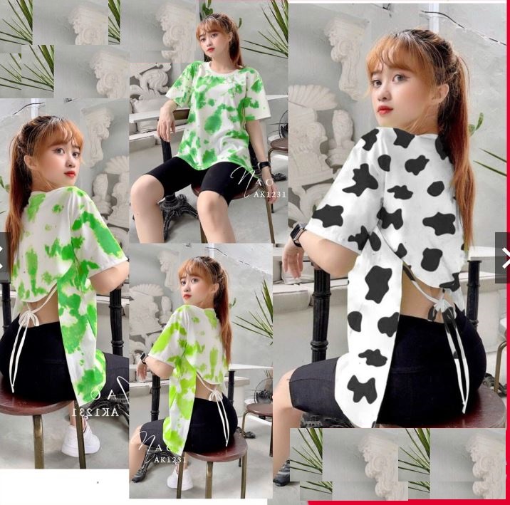 Áo hở lưng cột dây sau hoạ tiết bò sữa