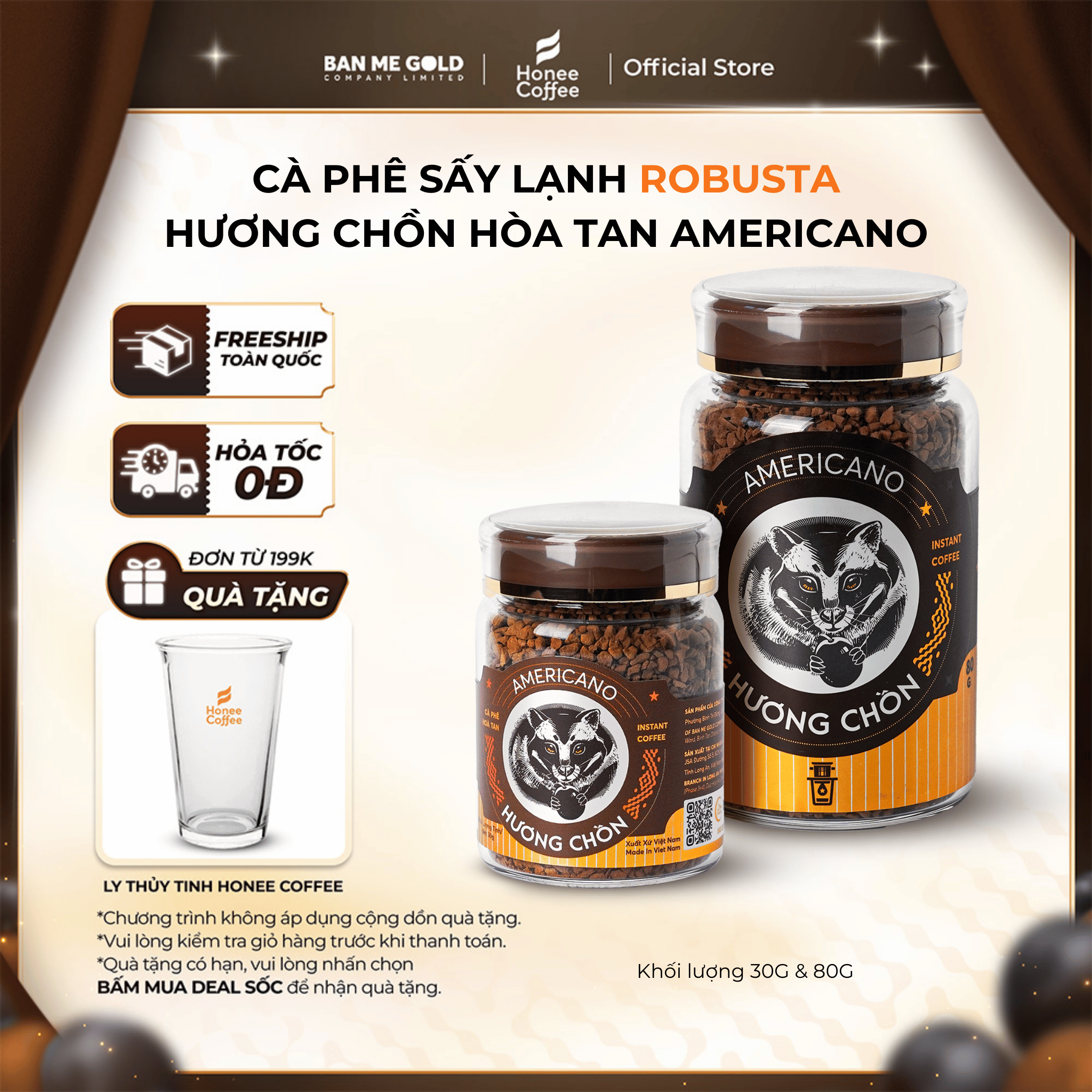   TẶNG QUÀ  Cà Phê Robusta Hương Chồn Sấy Lạnh Americano  30g 80g  Cafe Chồn Hòa Tan Sấy Lạnh Robusta Thượng Hạng Cao Cấp Chính Hãng Ban Me Gold - Honee Coffee 