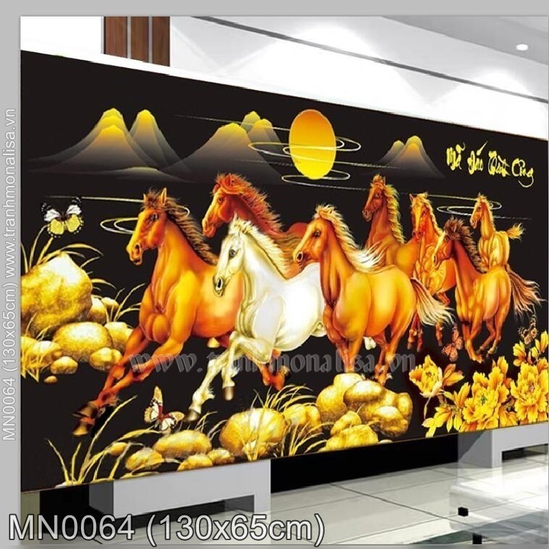 Tranh thêu 8 con ngựa vàng nền đen mn0064 kích thước 130x65cm