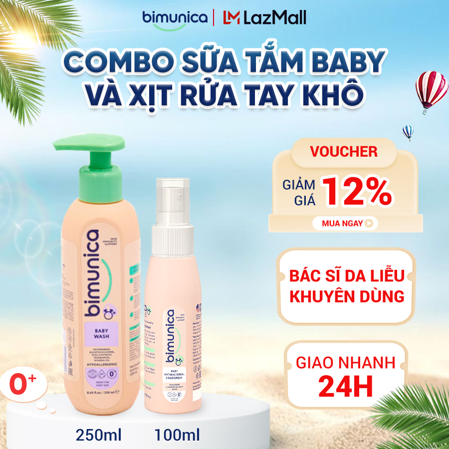 Combo sữa tắm gội & xịt rửa tay khô cao cấp bimunica cho bé và cả gia đình