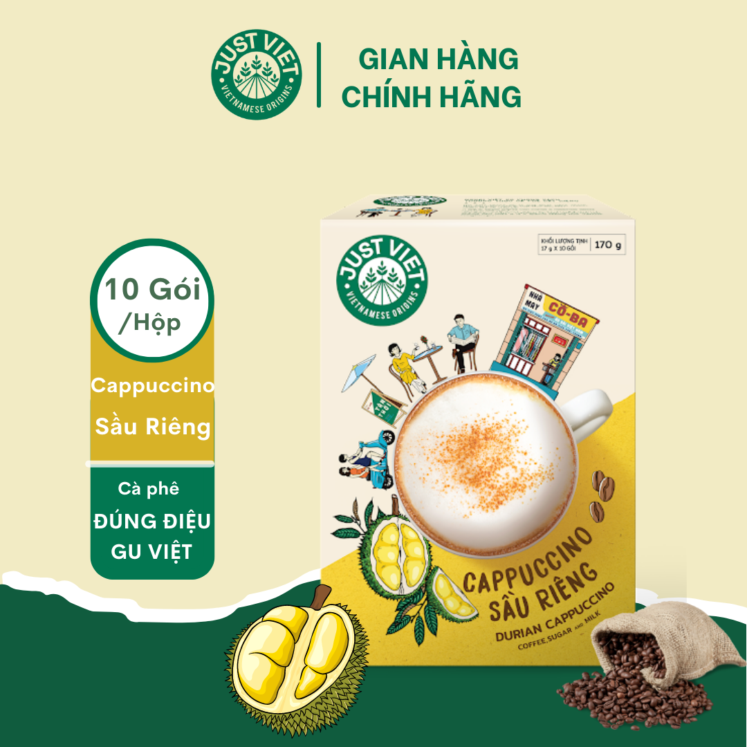 Cà Phê Cappuccino Sầu Riêng Just Viet (HỘP) - Đúng Điệu Gu Việt - Sánh Đậm Tự Nhiên - HỘP 10 gói x 17g