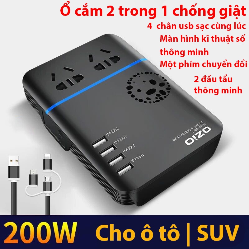 Bộ biến tần ô tô, Bộ chuyển đổi điện thông minh từ 12V/24V sang 220V, bộ sạc ô tô biến tần cổng sạc nhanh QC3.0