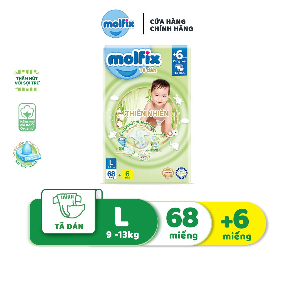 Tã dán Molfix thiên nhiên an toàn bông tự nhiên - Super Jumbo L (9kg-13kg) - Gói 68 miếng