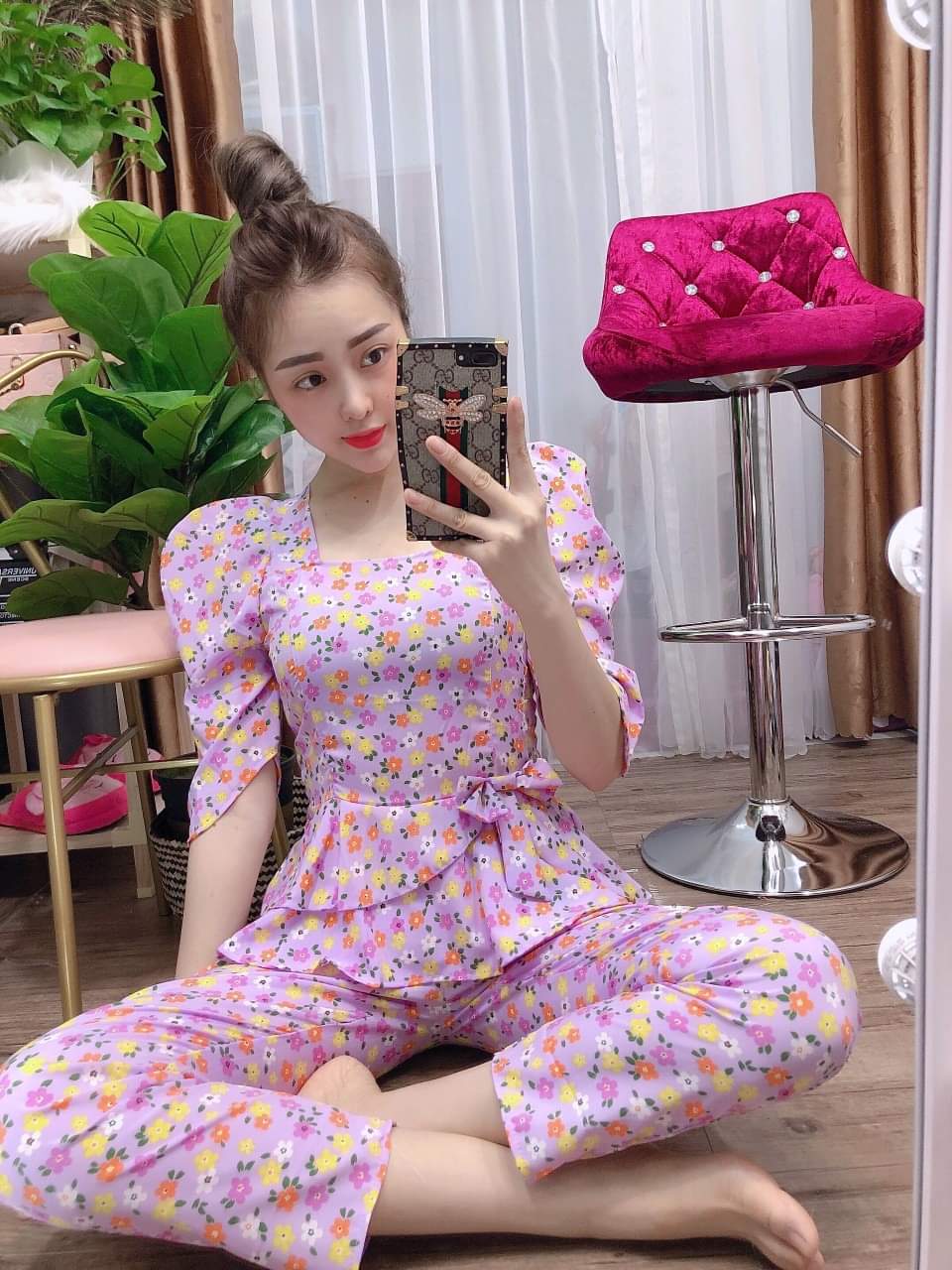 Set Bộ Hoa Nhí Vải Lụa Quần Ống Rộng Tôn Dáng, Thiết Kế Thời Trang ( tím )