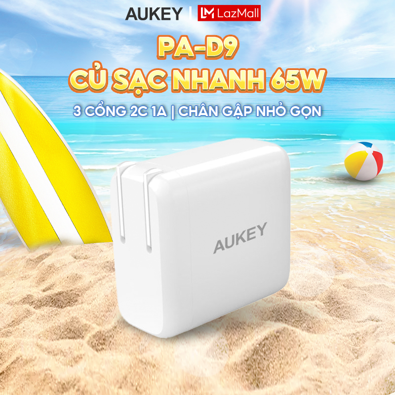 Củ sạc nhanh công nghệ GaN 65W PD 3 cổng nhỏ gọn Aukey sạc laptop macbook PA-D9