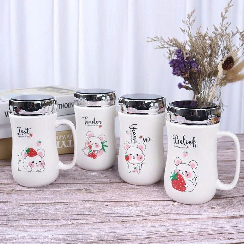 Cốc sứ giữ nhiệt nắp có gương 500ml, ly sứ giữ nhiệt họa tiết siêu dễ tthương, ngộ nghĩnh.