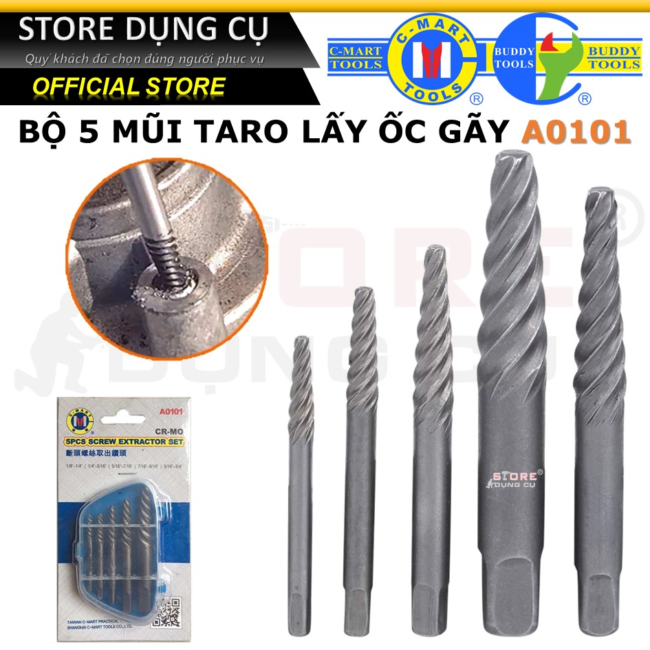 Bộ 5 Bộ taro ren trái nhổ ốc vít gãy cao cấp C-Mart A0101 dụng cụ mở ốc vít, mũi khoan lấy ốc gẫy vặn ngược chiều