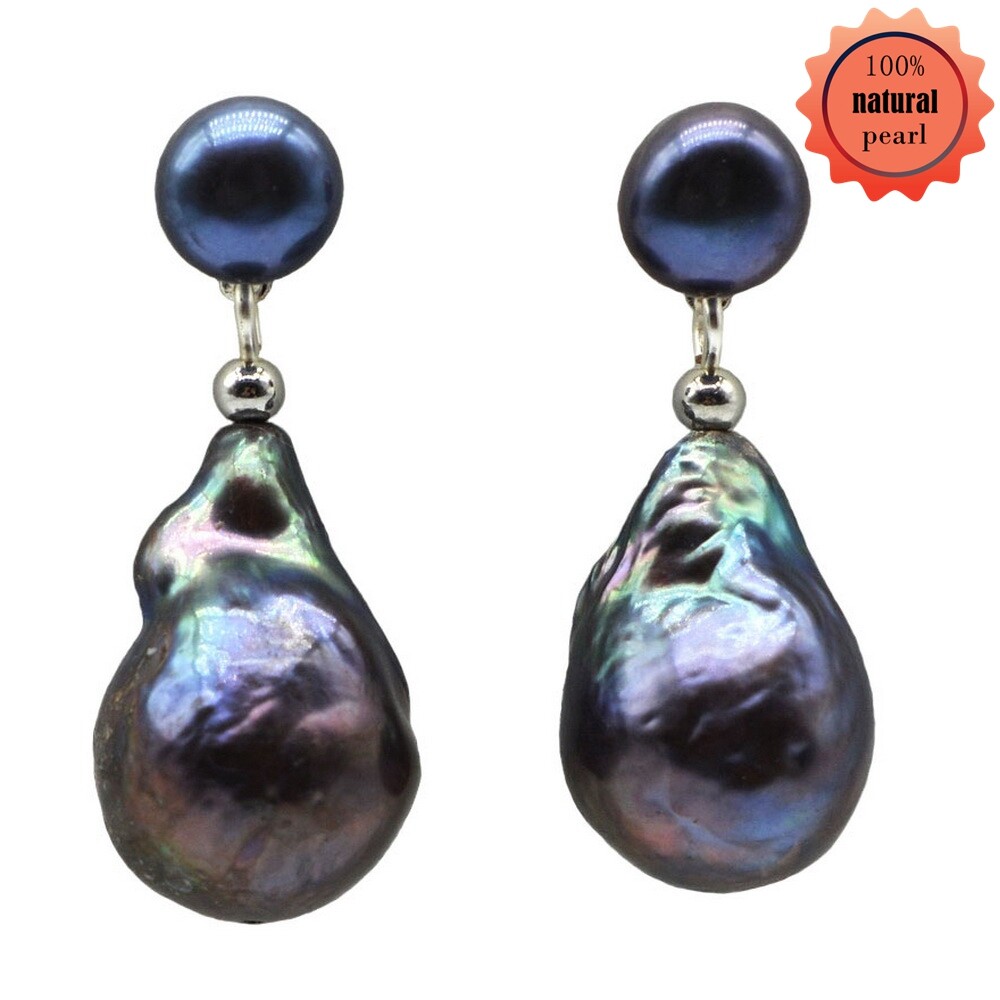Black Pearl Earrings Natural Freshwater Pearl Pendant Large Droplet Baroque 925 Silver Ladies Earrings
