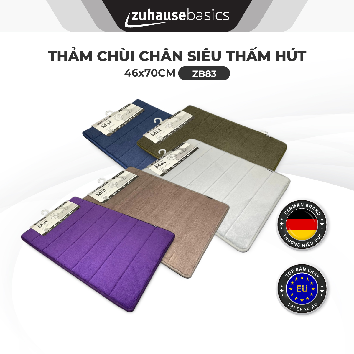 Thảm lau chân Zuhause ZB83, thảm chùi chân siêu thấm hút nước cho phòng tắm
