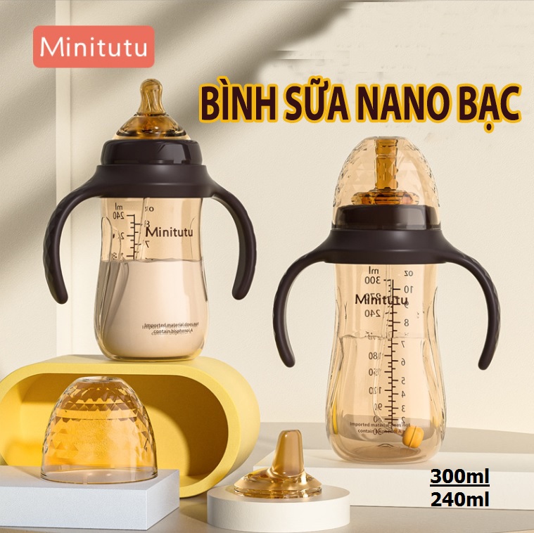 Bình sữa minitutu nano bạc cổ rộng 300ml, 240ml cho bé