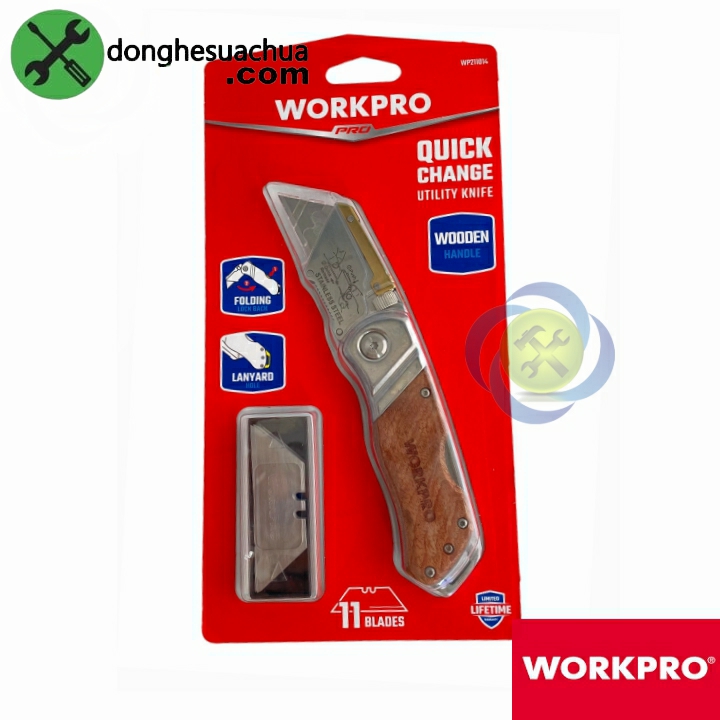 Dao rọc cáp Workpro WP211014 gấp gọn thân gỗ kèm 10 lưỡi