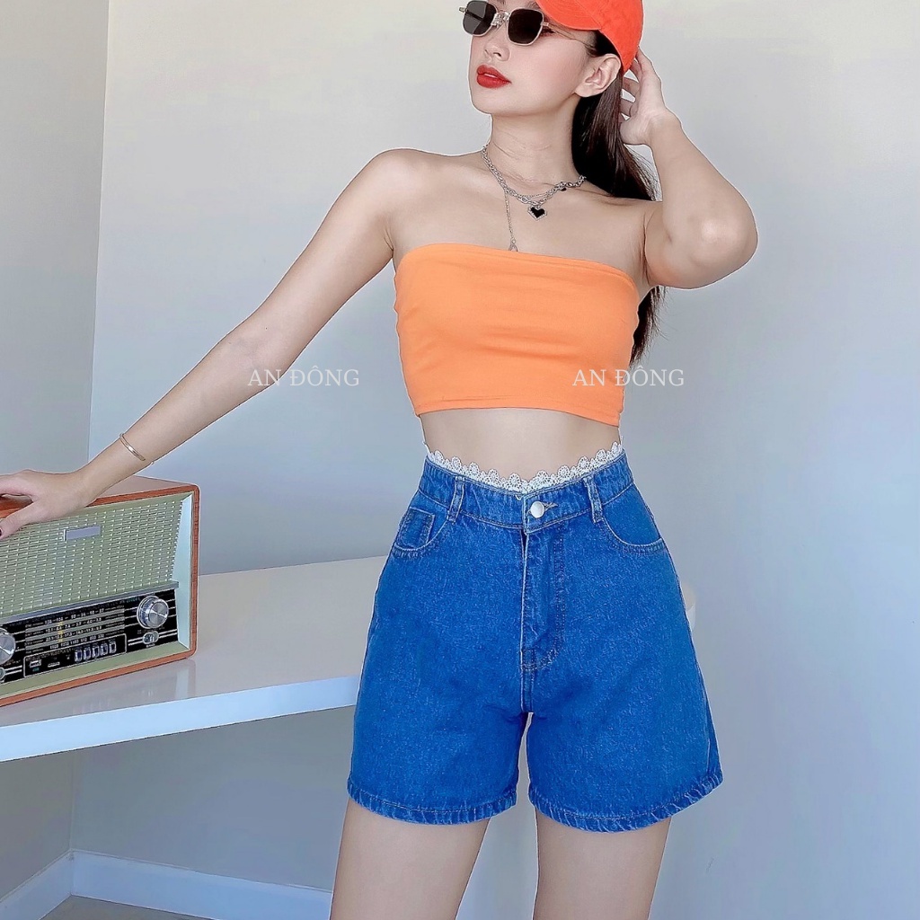 Quần short Jean ống rộng - sooc bò lưng phối ren cao cấp
