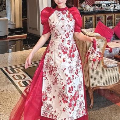 Áo dài cách tân nữ Chi Họa tiết nhí Thi Loan Tiệm 90 may sẵn cổ xếp bèo tay bồng lỡ dự tiệc lế tết đẹp AD90033