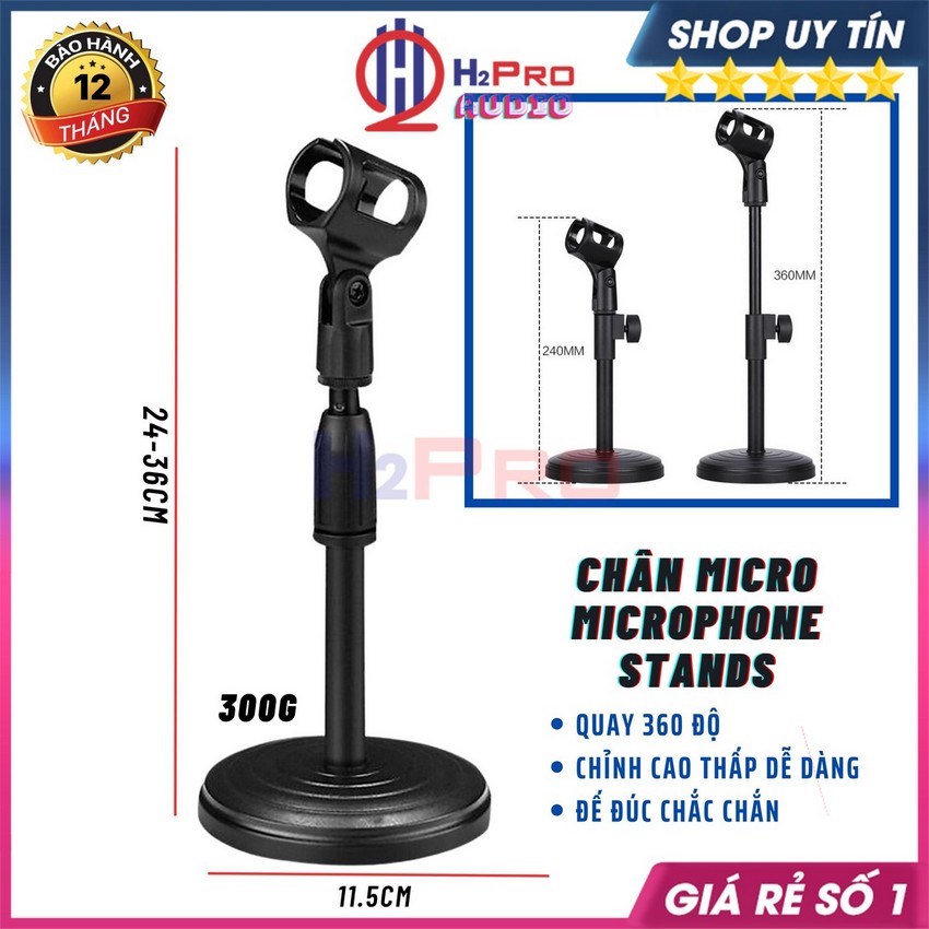Giá đỡ micro để bàn cao 24 - 36cm, giá mic thu gọn - điều chỉnh cao thấp, micro cổ xoay 360 độ tiện lợi - h2pro audio
