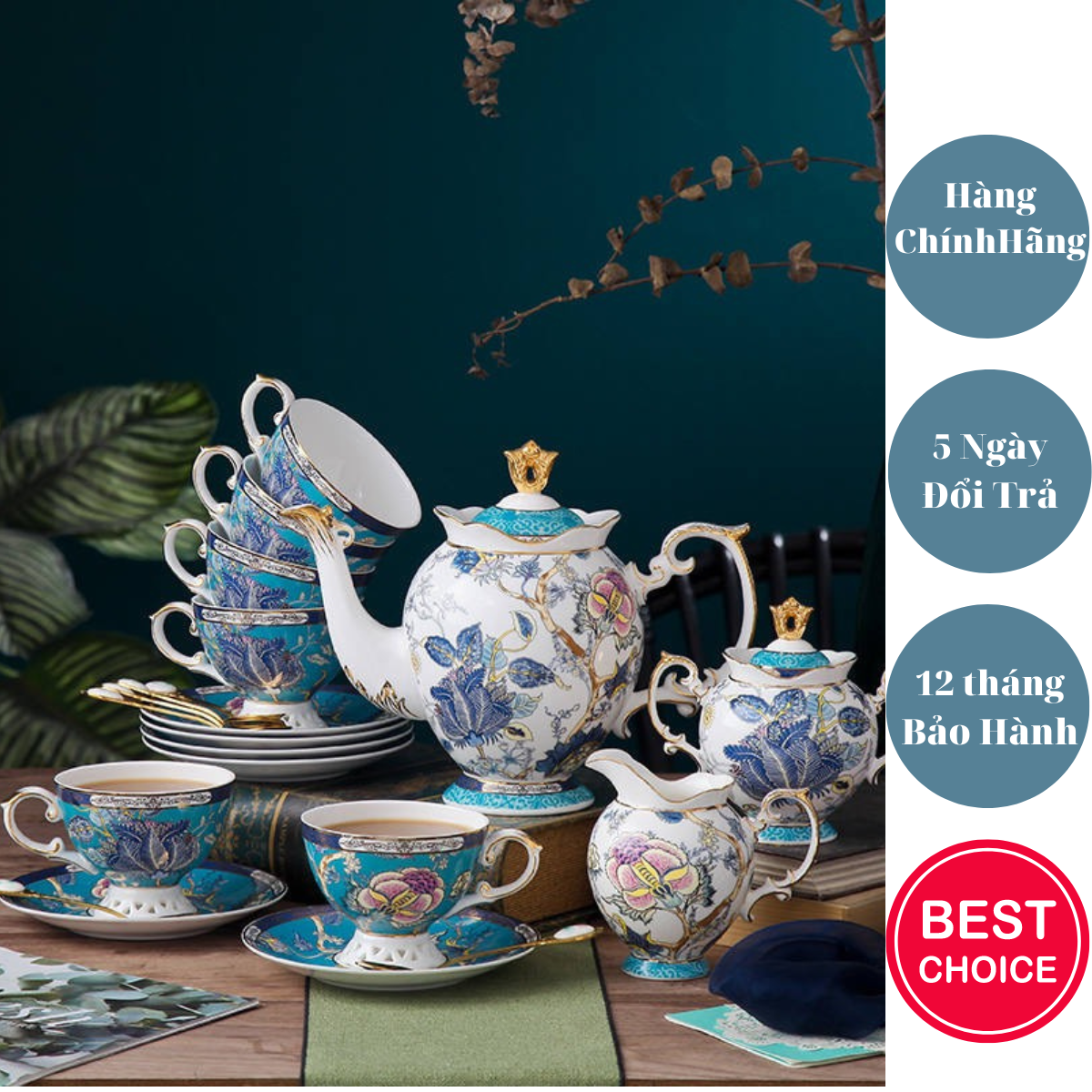 Ảnh thực tế - Bộ trà chiều Châu Âu, ấm chén cao cấp, Tặng 6 thìa sứ siêu đẹp, tách trà sứ xương 45%