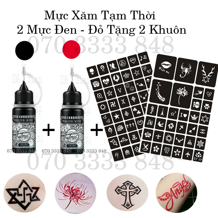 [SALE] 2 Mực Xăm Tạm Thời Đen - Đỏ Chống Nước Tặng  2 Khuôn (Kèm Sticker)