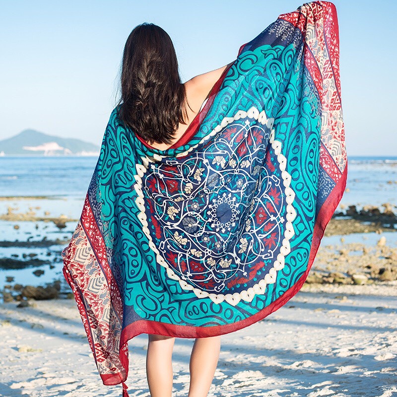 Khăn choàng boho họa tiết thổ cẩm, khăn choàng đi biển