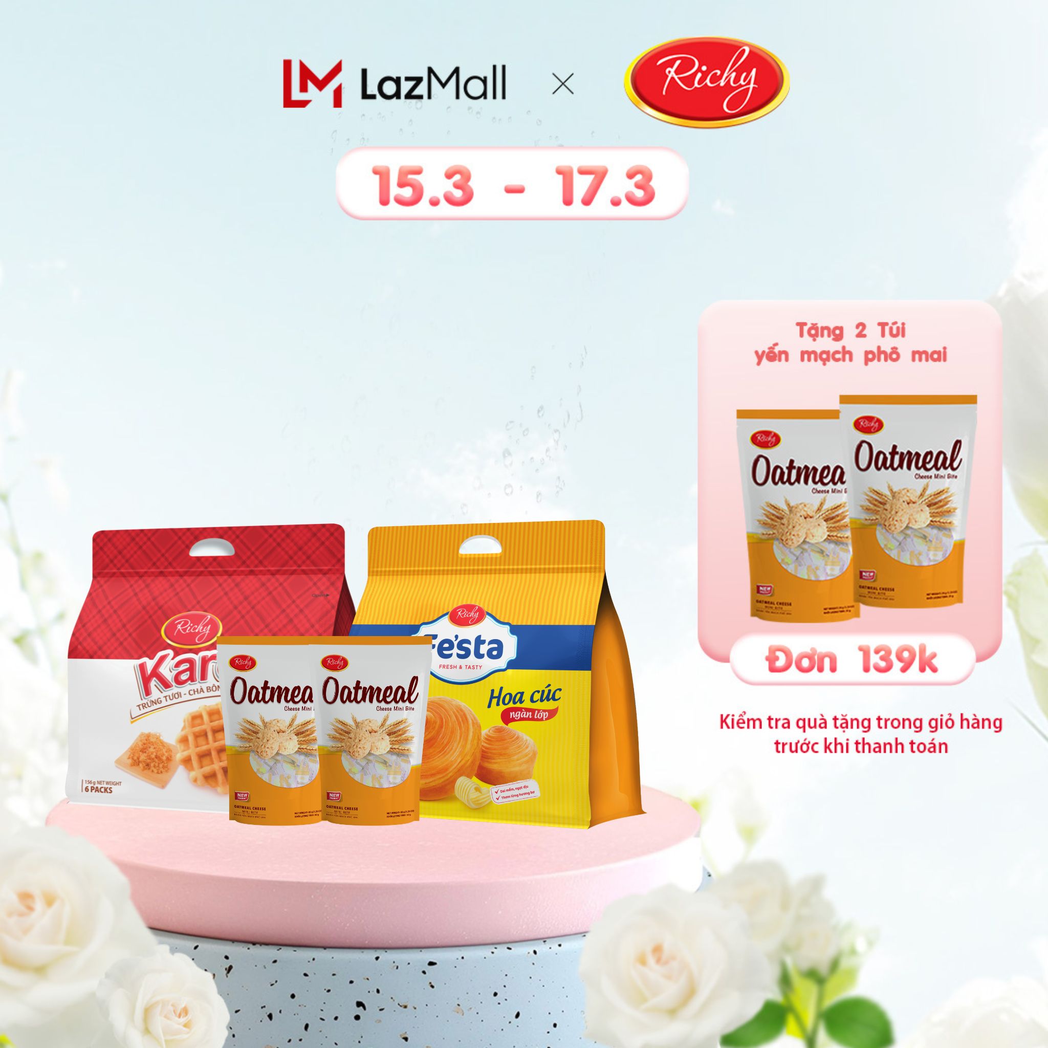 [DEAL HOT 77K] Combo bánh karo sợi gà tươi, bánh mì hoa cúc tươi ngàn lớp Fes'ta Richy,  bánh yến mạch oatmeal vị phô mai 35g - Bánh kẹo Richy