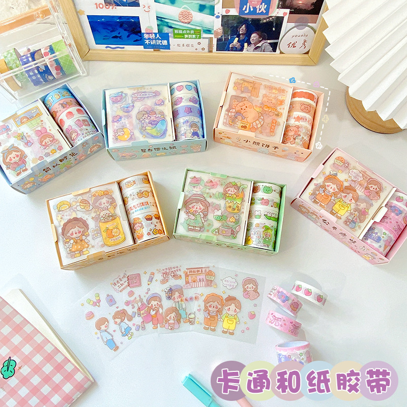 Set 4 tấm sticker và 4 cuộn washi nhiều chủ đề xinh xắn cute